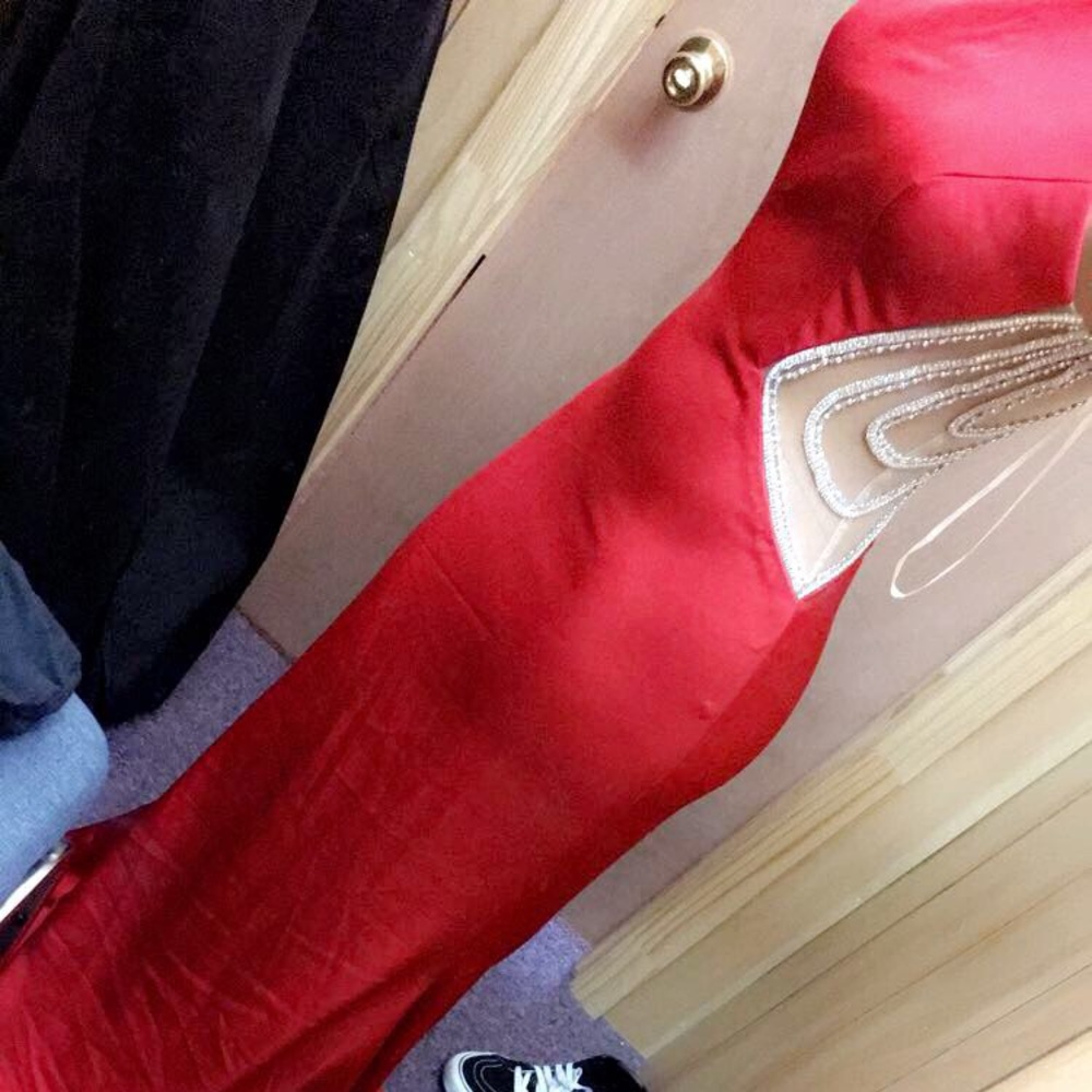 Red prom dress with rhinestones on sheer mesh